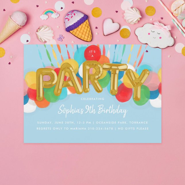 Rainbow Balloons Kindergeburtstag Party Sky Blue Einladung (Von Creator hochgeladen)