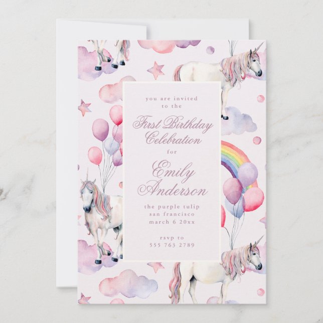 Rainbow Balloons Unicorn First Birthday Party Girl Einladung (Vorderseite)