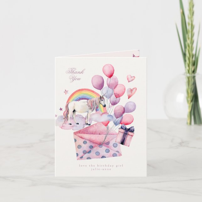 Rainbow Balloons Unicorn Pink Birthday Party Girl Dankeskarte (Vorderseite)