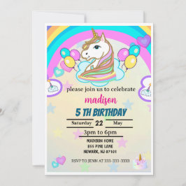 Rainbow Balloons Unicorn Pink Birthday Party Girl Einladung