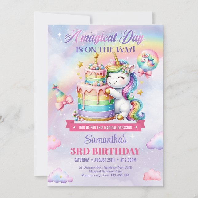 Rainbow Balloons Unicorn Pink Girls dritten Geburt Einladung (Vorderseite)