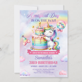 Rainbow Balloons Unicorn Pink Girls dritten Geburt Einladung