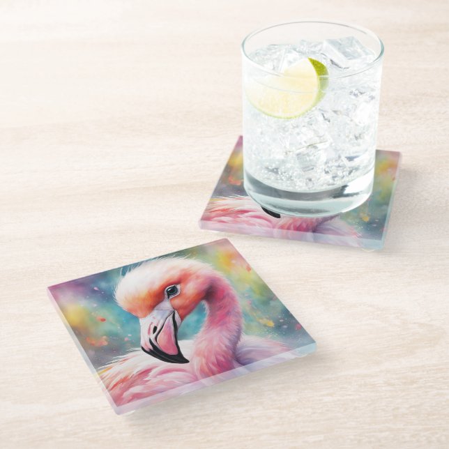 Rainbow Birds Flamingo 2 Glasuntersetzer (Schrägansicht)