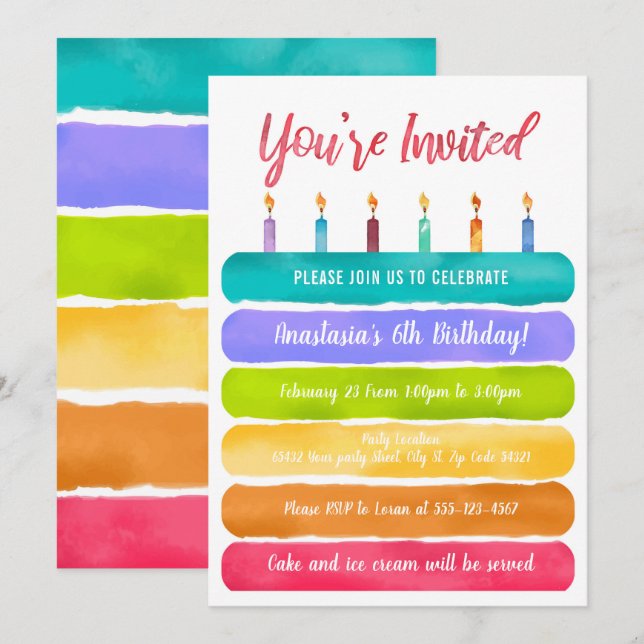 Rainbow Birthday Cake Party Einladung (Vorne/Hinten)