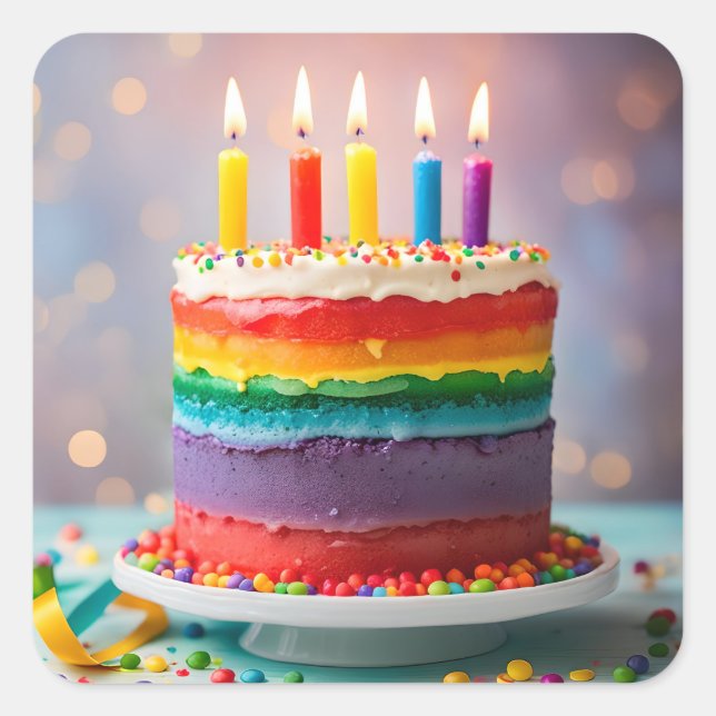 Rainbow Birthday Cake Quadratischer Aufkleber (Vorderseite)