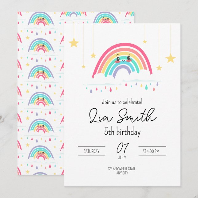 Rainbow Birthday Einladung für Girls Boho Rainbow (Vorne/Hinten)