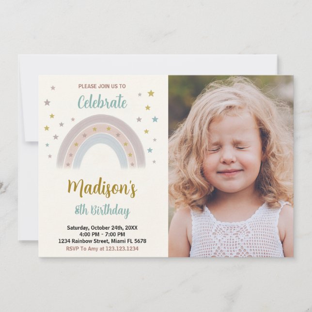 Rainbow Birthday Einladung mit Foto (Vorderseite)