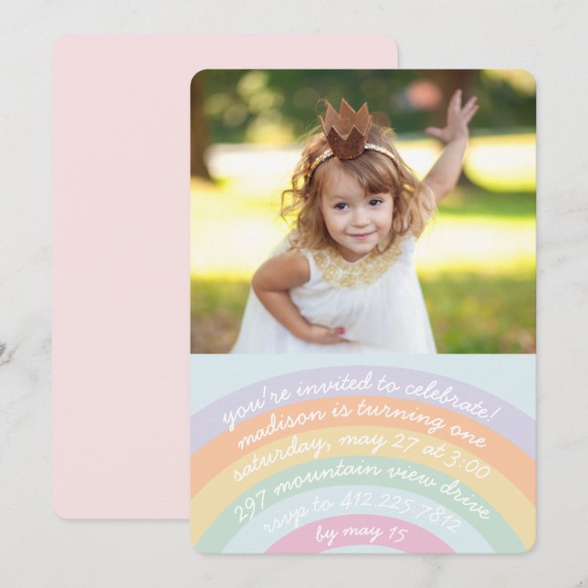 Rainbow Birthday Einladung mit Foto (Vorne/Hinten)