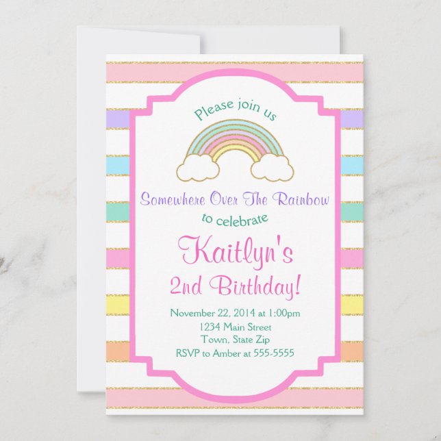 Rainbow Birthday Einladung Pink Girl Einladung (Vorderseite)