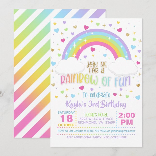 Rainbow Birthday Invasion - Girl Pastel Einladung (Vorne/Hinten)