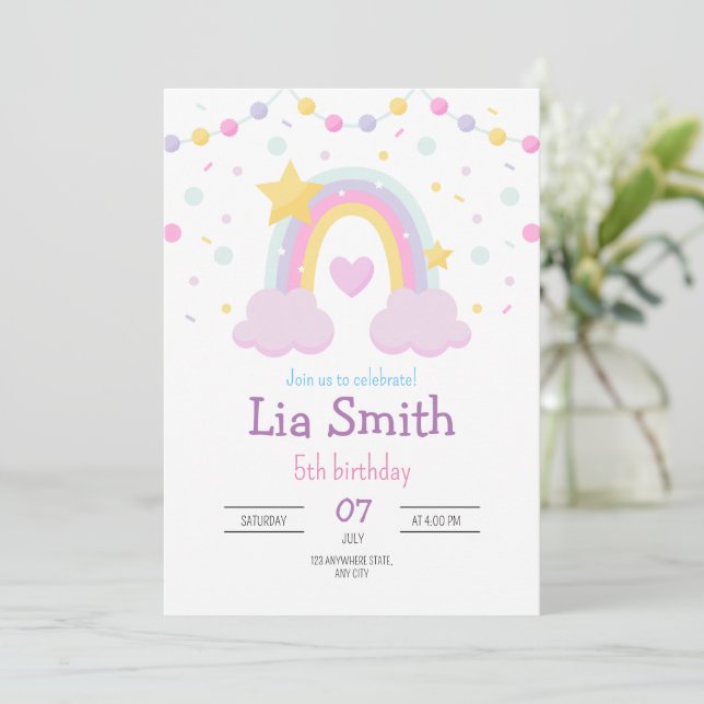 Rainbow Birthday Invasion Girls Boho Rainbow Einladung (Stehend Vorderseite)