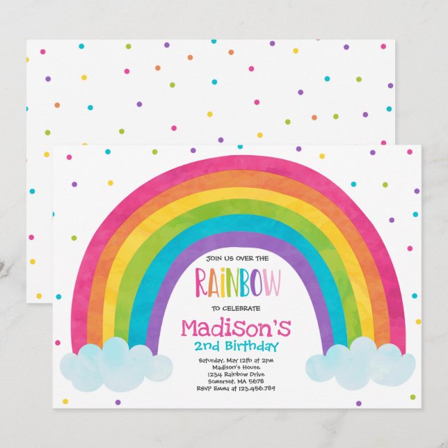 Rainbow Birthday Invitation Bright Rainbow Party (Devant / Derrière)