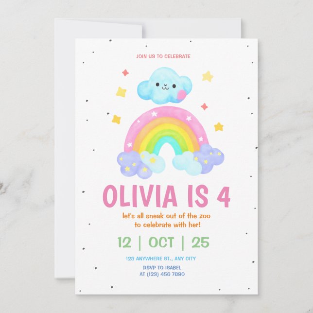 Rainbow Birthday Invitation Girls Rainbow Party Einladung (Vorderseite)