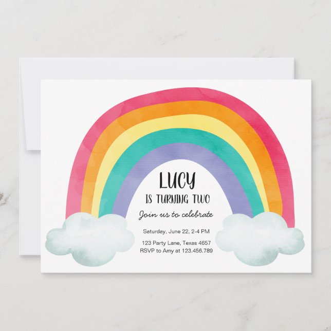 Rainbow Birthday Party Clouds Watercolor Girl Einladung (Vorderseite)
