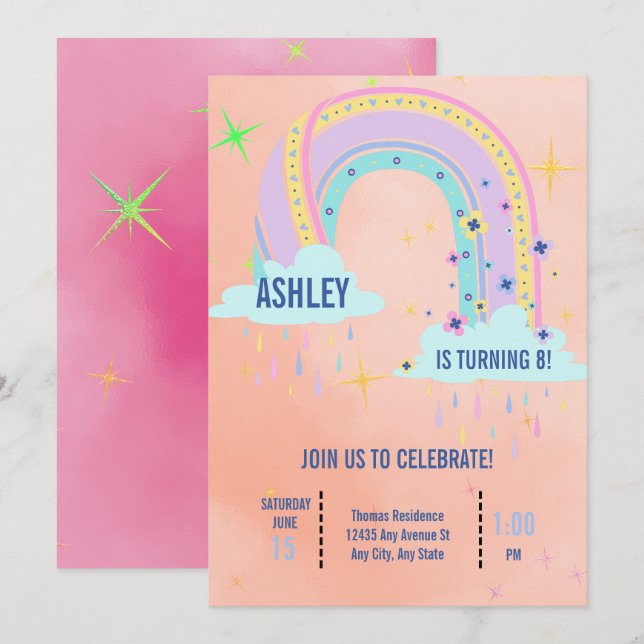 Rainbow Birthday Party Einladung (Vorne/Hinten)