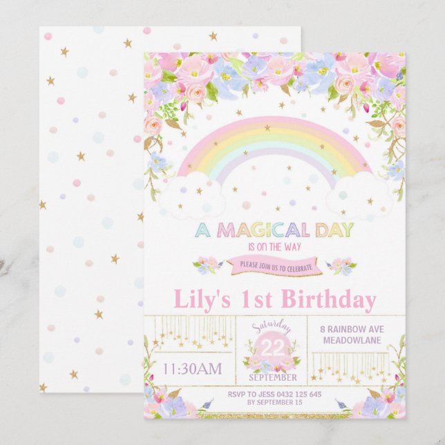 Rainbow Birthday Party Einladung Floral Girl (Vorne/Hinten)