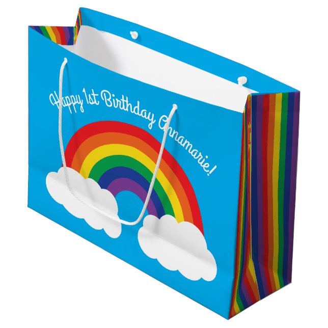 Rainbow Birthday Party Große Geschenktüte (Vorderseite Schrägansicht)