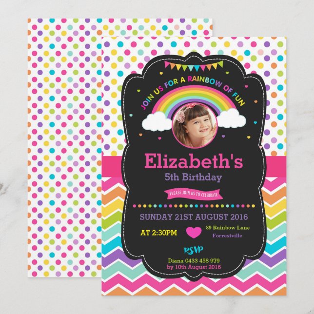 Rainbow Birthday Party Invest Card Foto Einladung (Vorne/Hinten)