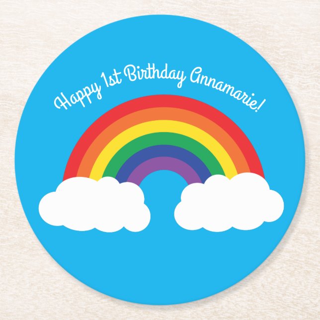 Rainbow Birthday Party Runder Pappuntersetzer (Vorderseite)