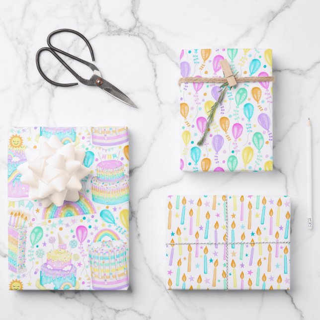 Rainbow Birthday Party Wrapping Paper Geschenkpapier Set (Vorderseite)