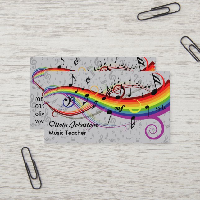 Rainbow Black Music Notes on Gray Business Cards Visitenkarte (Vorderseite/Rückseite Beispiel)