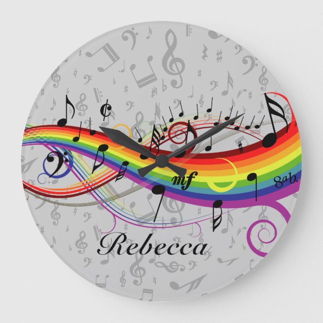 Rainbow Black Musical Notes on Gray Große Wanduhr (Vorderseite)