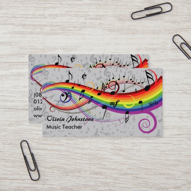 Rainbow Black Musical Notes sur Grey Carte de visi (Devant/Arrière en situation)