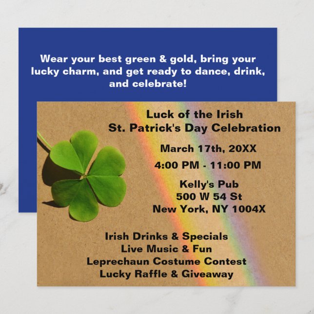 Rainbow Blue & Green Clover Drink Irish Einladung (Vorne/Hinten)