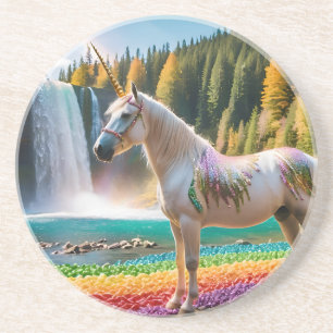 Rainbow Blume Einicorn Grüne Bäume Wasserfall Lake Getränkeuntersetzer