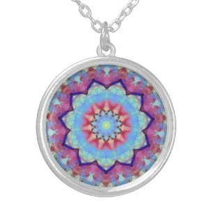 Rainbow Blume Mandala Round Pendant Necklace Versilberte Kette