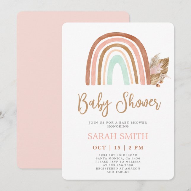 Rainbow Blush pink boho Baby Showgirl Einladung (Vorne/Hinten)