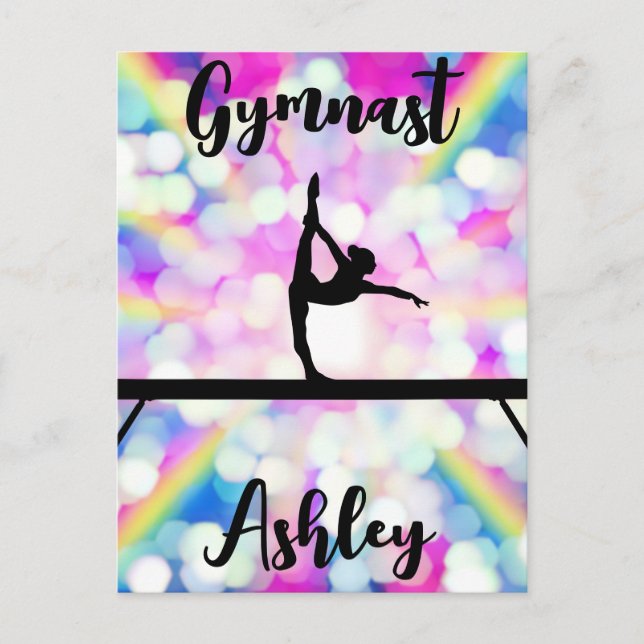 Rainbow Bokeh Blast Gymnastik Beam Personalisiert Postkarte (Vorderseite)