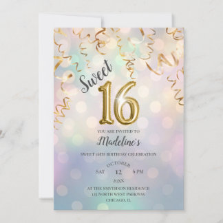 Rainbow Bokeh Gold Confetti und Sparkle Foil 16 Einladung