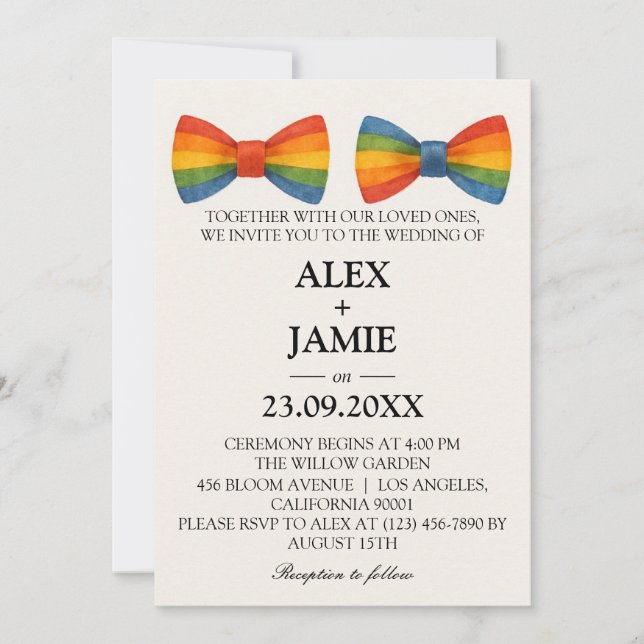 Rainbow Bow Krawatte LGBT Gay Wedding Einladung (Vorderseite)