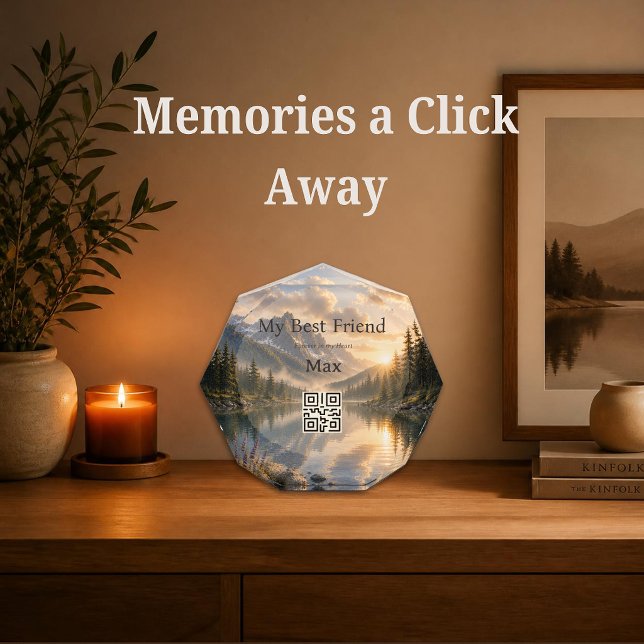 Rainbow Bridge QR-Code-Gedenkblock | Benutzerdefin Fotoblock (Rainbow Bridge acrylic memorial block with a customizable QR code and peaceful mountain lake artwork)