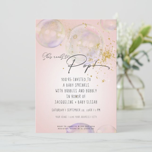 Rainbow Bubbles Bereit zum Pop Girl Baby Dusche Pi Einladung (Stehend Vorderseite)