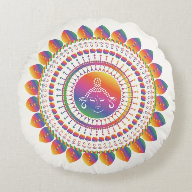 Rainbow Buddha Mandela Throw Pillow Rundes Kissen (Vorderseite)