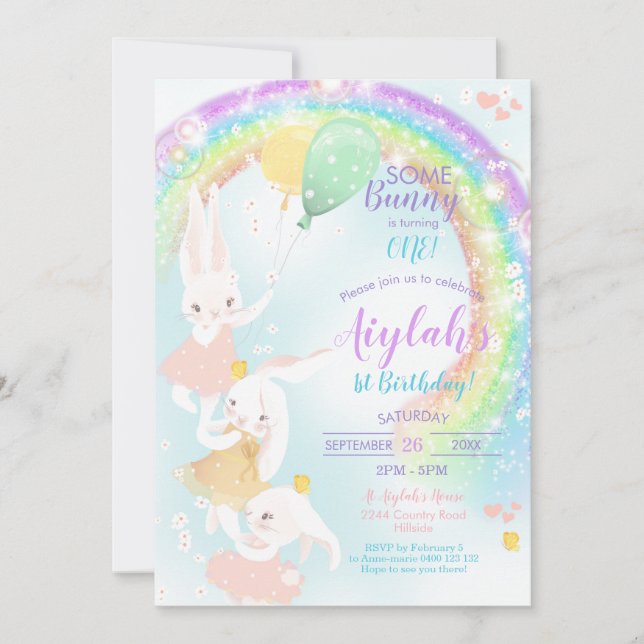 Rainbow Bunny 1er anniversaire Invitation (Devant)