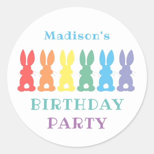 Rainbow Bunny Rabbit Kids Personalisiertes Party Runder Aufkleber (Vorderseite)