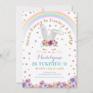 Rainbow Bunny Wunny Floral Bunny Birthday Einladung