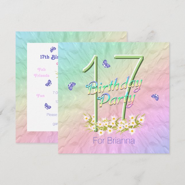 Rainbow Butterflies 17th Birthday Party Invitation (Devant / Derrière)