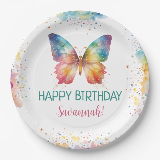 Rainbow Butterfly Birthday Pappteller (Vorderseite)