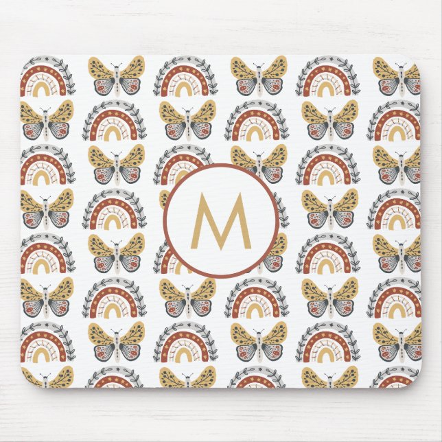 Rainbow Butterfly Boho Pattern Monogram Mousepad (Vorne)