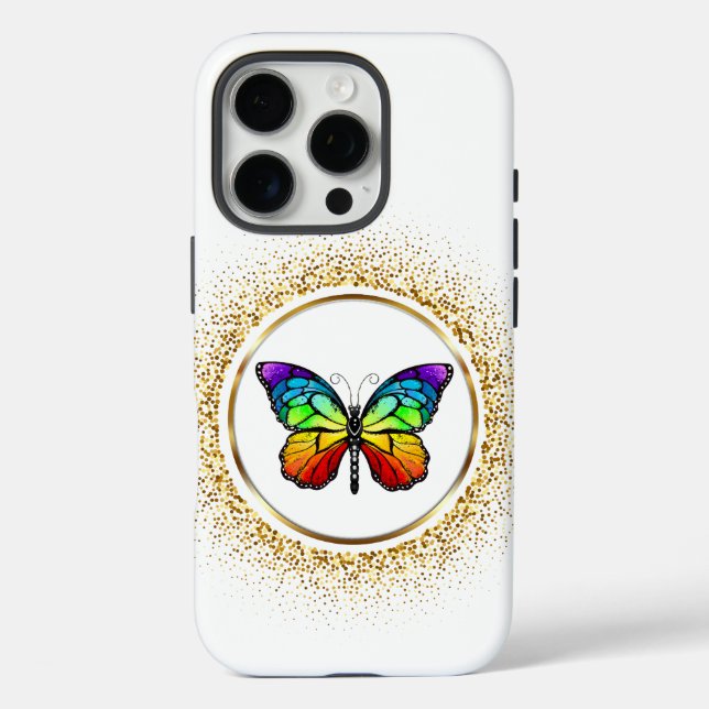 Rainbow Butterfly in a Golden Circle  iPhone 16 Pro Hülle (Rückseite)