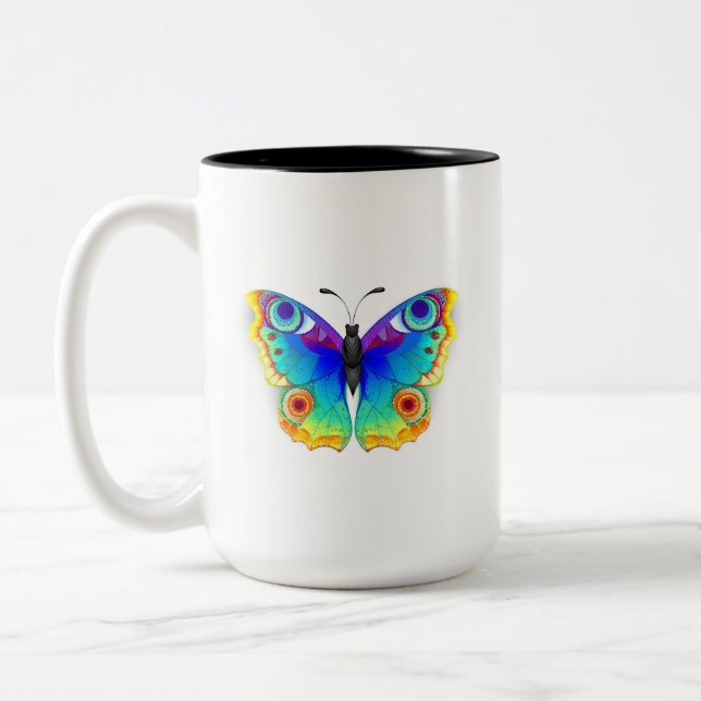Rainbow Butterfly Peacock Eye Zweifarbige Tasse (Links)