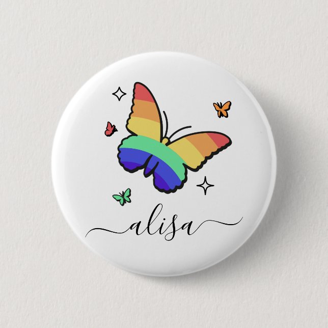 Rainbow Butterfly Personalisierte Kalligrafie Name Button (Vorderseite)