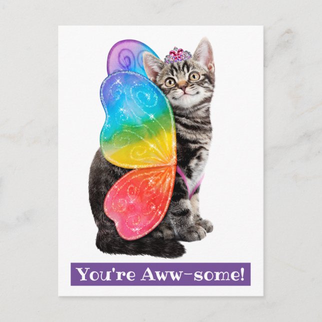 Rainbow Butterfly Princess Kitten Einladungspostkarte (Vorderseite)