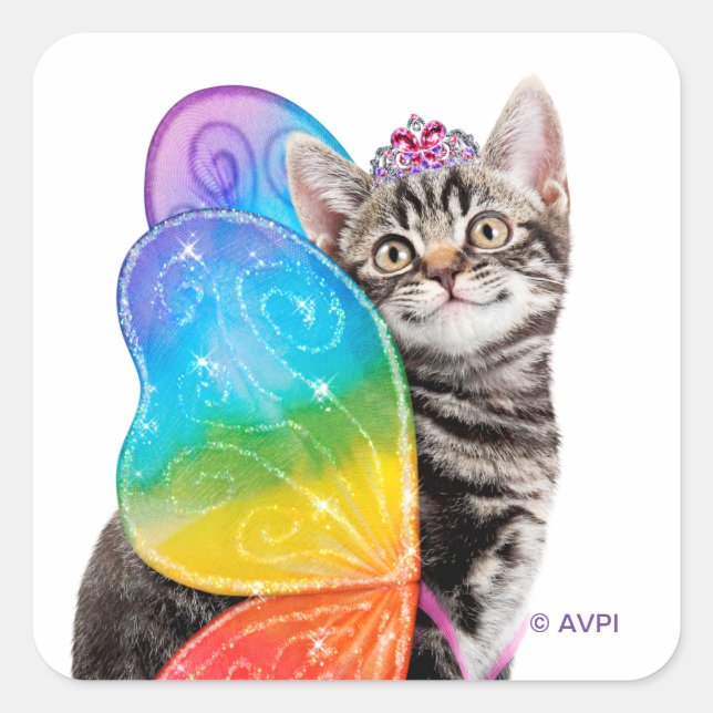 Rainbow Butterfly Princess Kitten Quadratischer Aufkleber (Vorderseite)