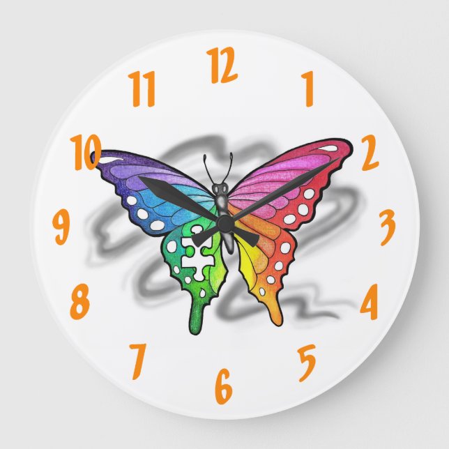 Rainbow Butterfly Wall Clock Große Wanduhr (Vorderseite)