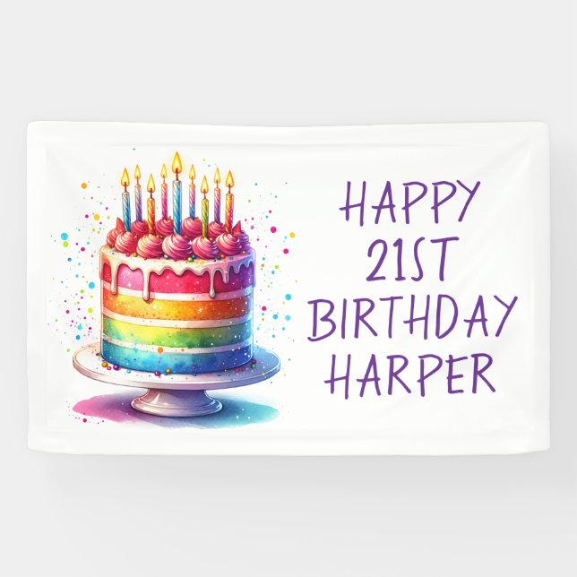Rainbow Cake Personalized Happy Birthday Banner (Horizontal)